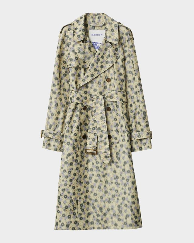 Blur Flower Double-Breasted Long Trench Coat